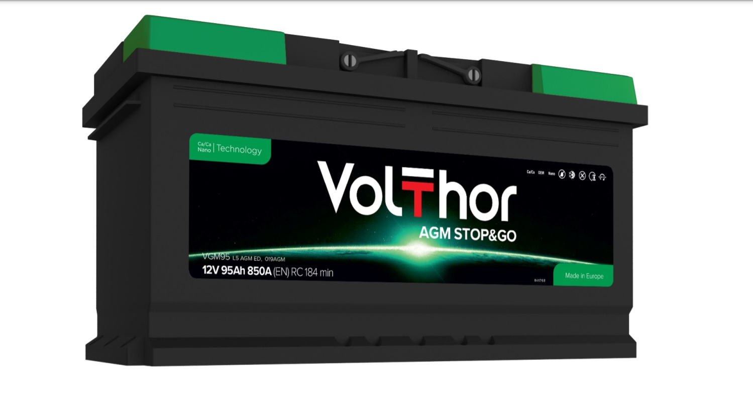 Акумулятор легковий VOLTHOR 6СТ-95(0) (850А) AGM STOP&GO 12B, 95Ah, 850A, плюс зправа (R+) AGM 353X175X190 мм